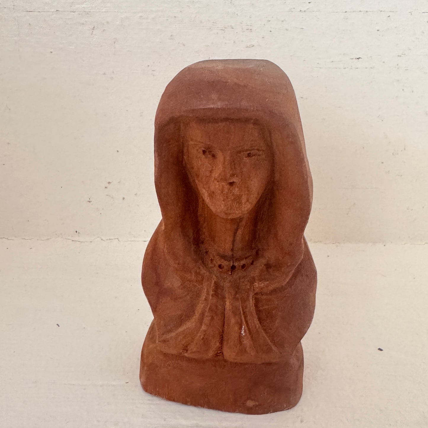 Vintage Hand Carved Wooden Woman in Prayer Figurine | Folk Art Bust | Rustic Wood Sculpture