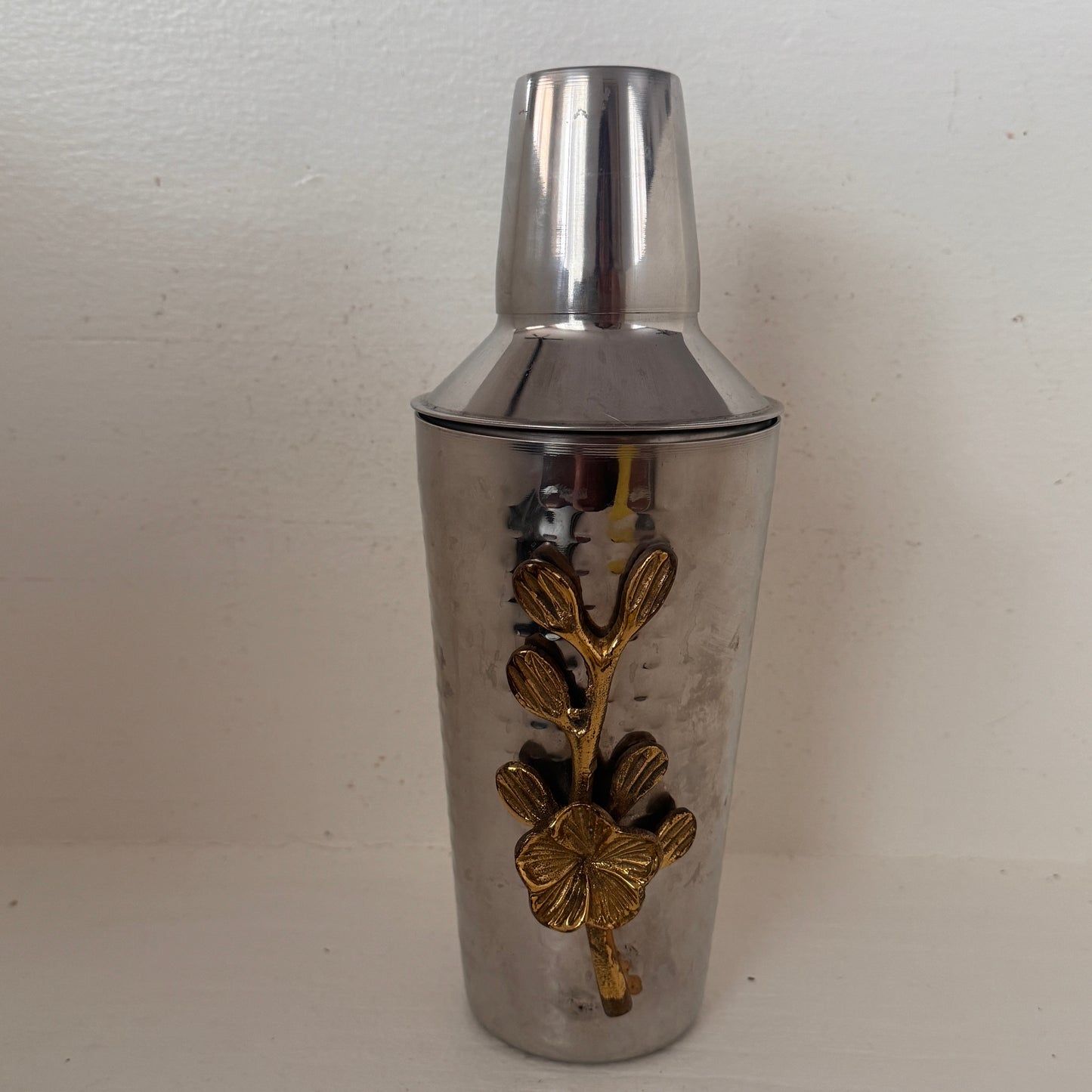 Vintage Hammered Stainless Steel Cocktail Shaker with Gold Floral Accent | Made in India