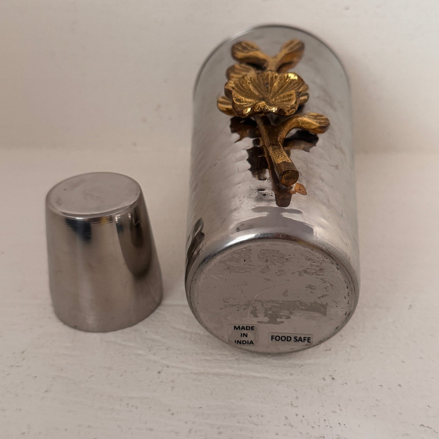 Vintage Hammered Stainless Steel Cocktail Shaker with Gold Floral Accent | Made in India