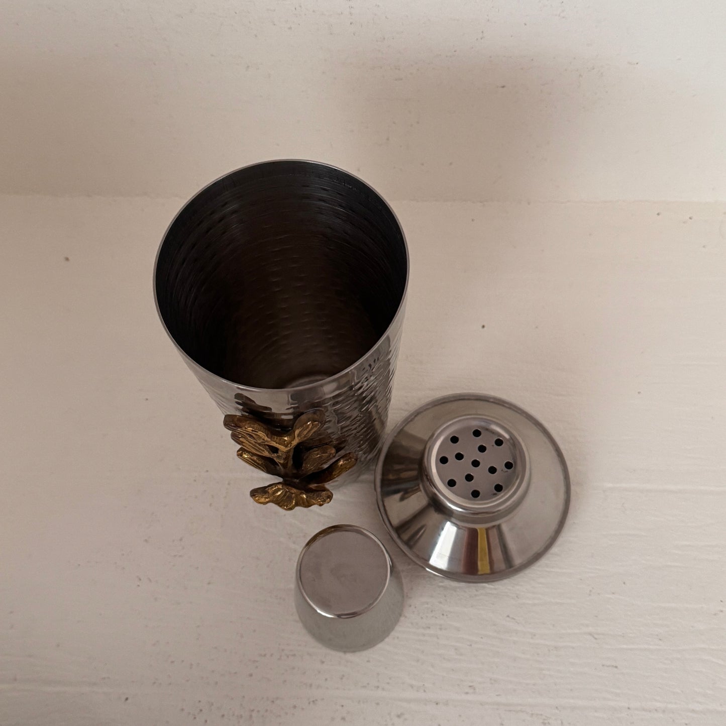 Vintage Hammered Stainless Steel Cocktail Shaker with Gold Floral Accent | Made in India