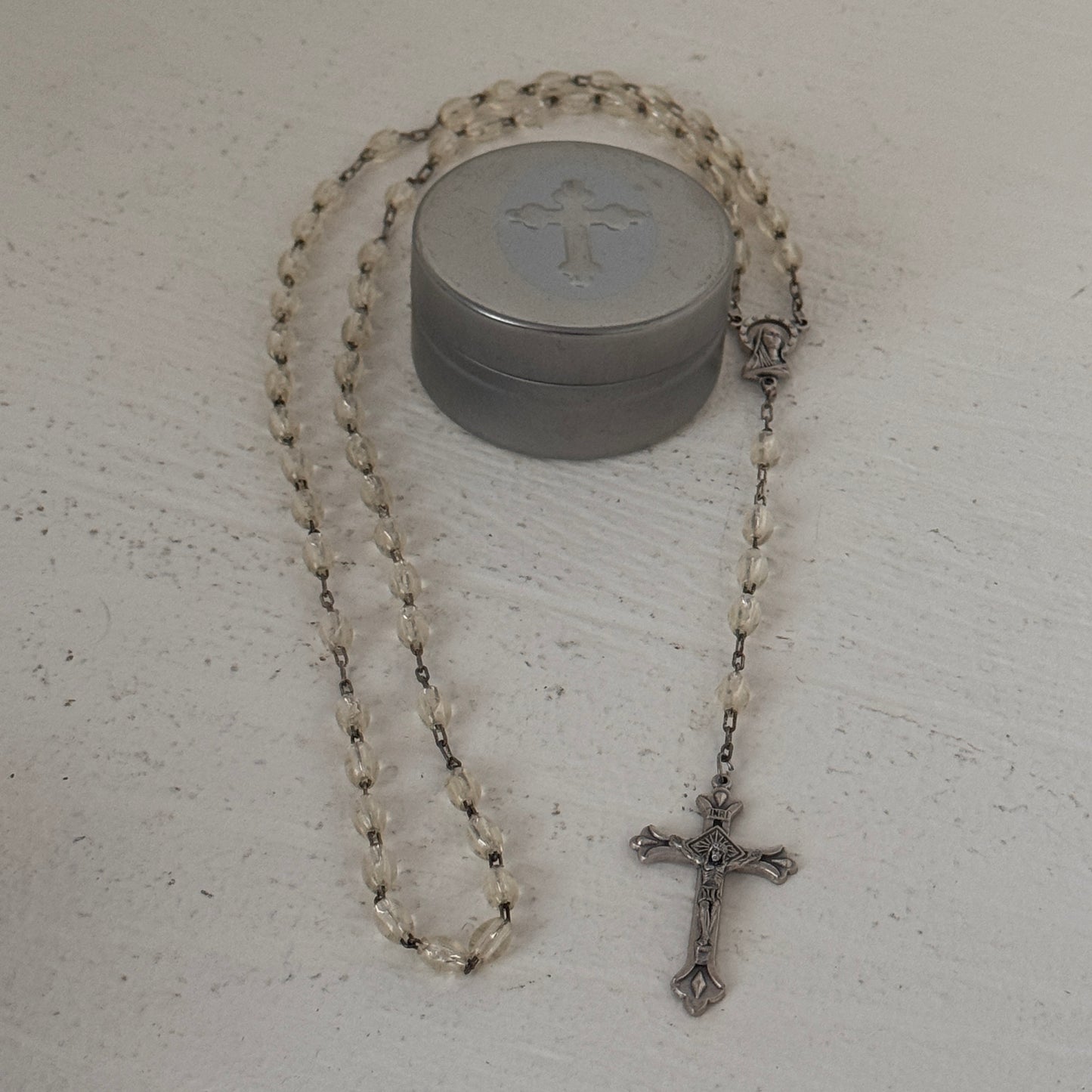 Vintage Italy Clear Rosary Beads with Metal Crucifix & Tin Storage Case