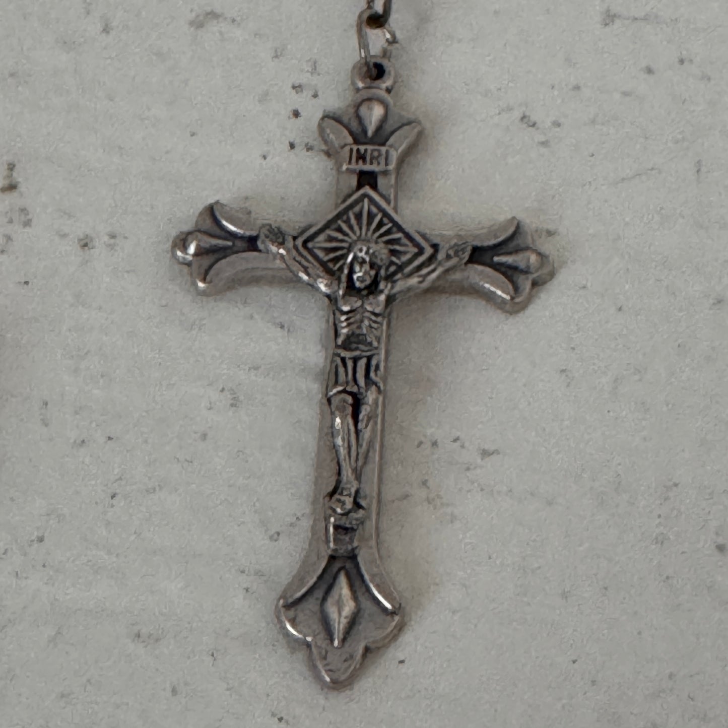 Vintage Italy Clear Rosary Beads with Metal Crucifix & Tin Storage Case