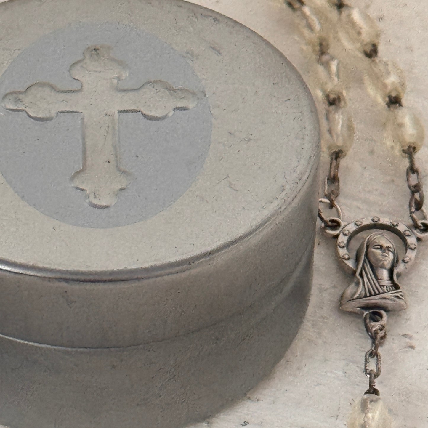 Vintage Italy Clear Rosary Beads with Metal Crucifix & Tin Storage Case