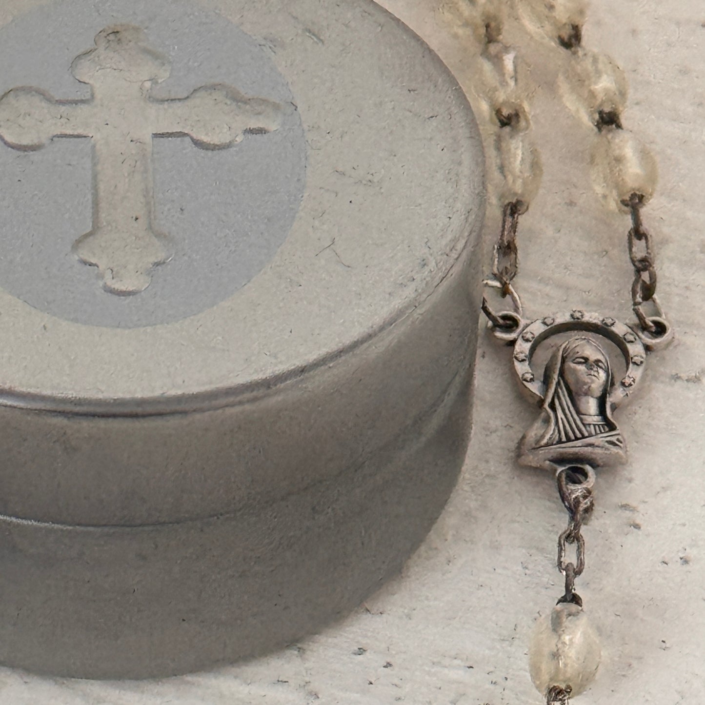 Vintage Italy Clear Rosary Beads with Metal Crucifix & Tin Storage Case