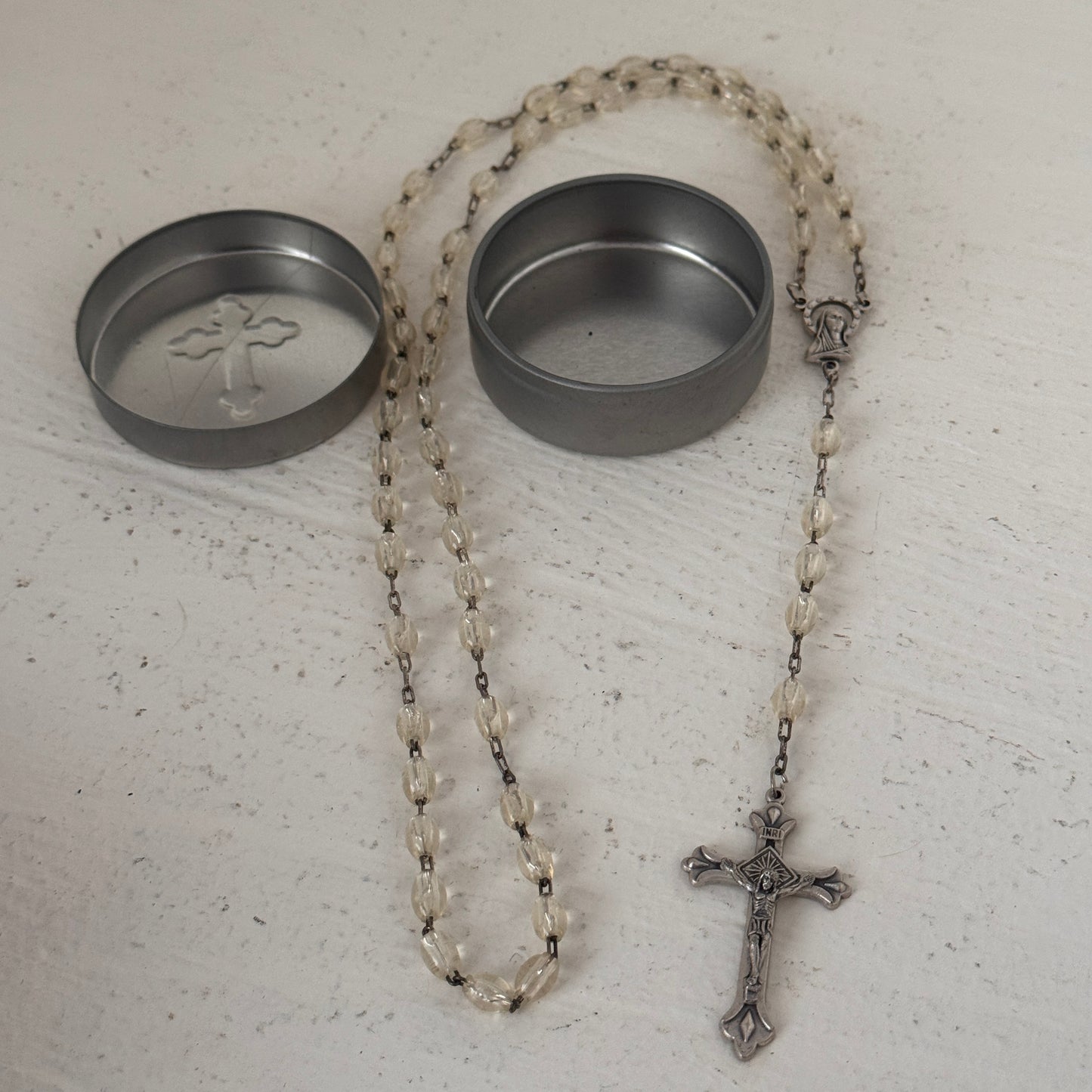 Vintage Italy Clear Rosary Beads with Metal Crucifix & Tin Storage Case