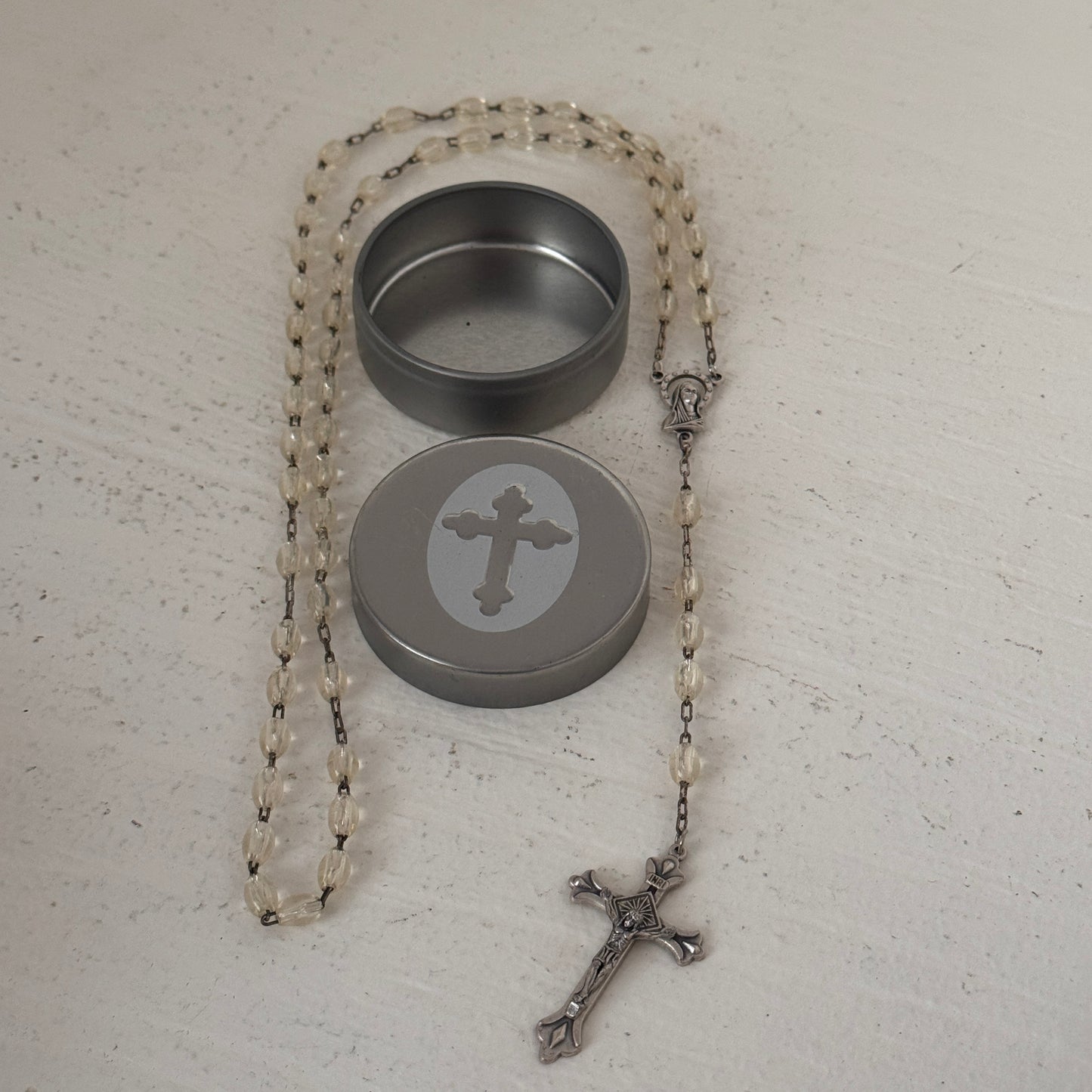 Vintage Italy Clear Rosary Beads with Metal Crucifix & Tin Storage Case