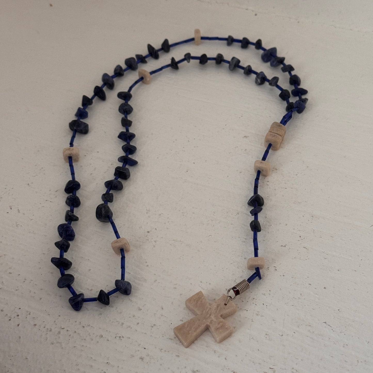 Blue Stone & Cream Bead Rosary with Cross Pendant – 18” Vintage Devotional Necklace