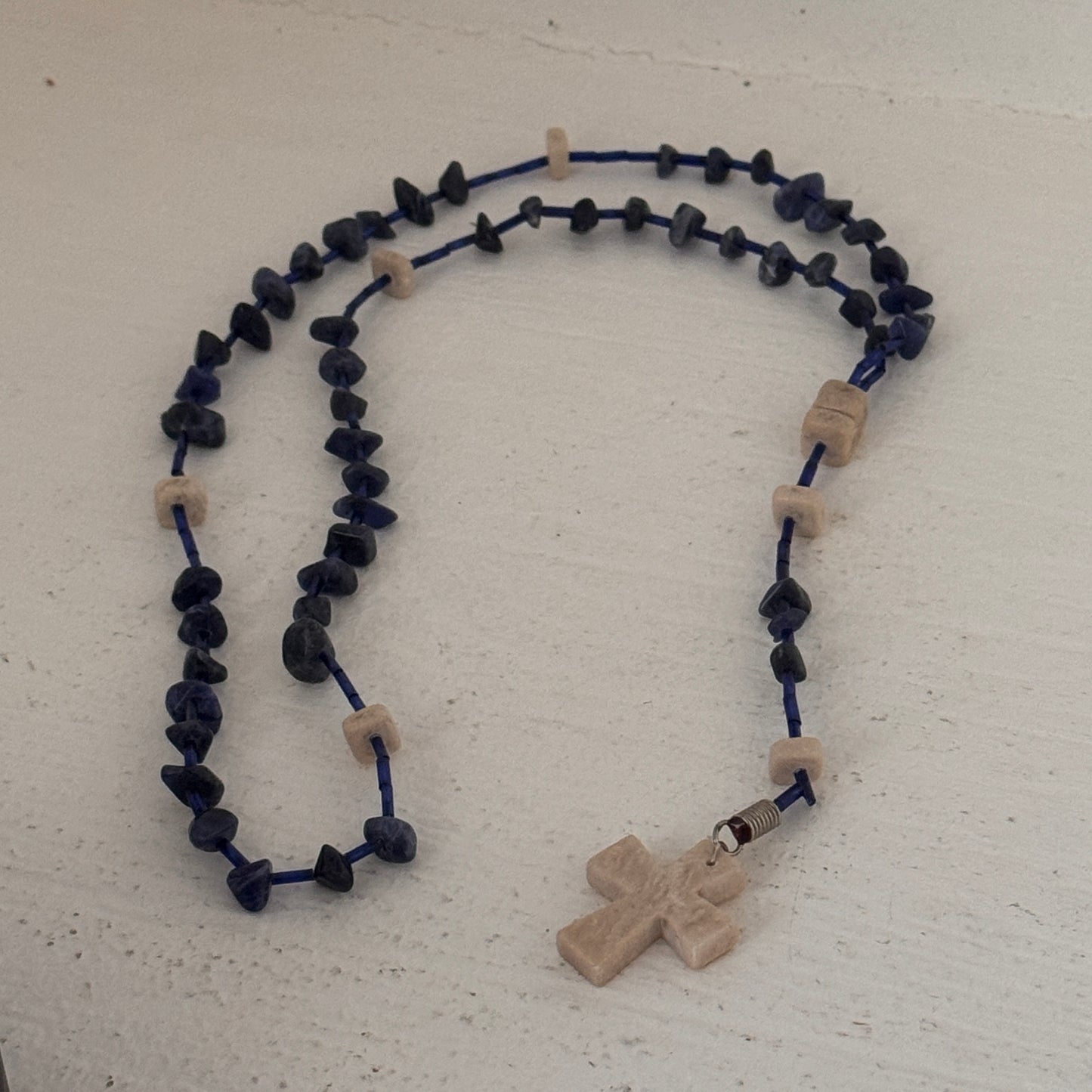 Blue Stone & Cream Bead Rosary with Cross Pendant – 18” Vintage Devotional Necklace