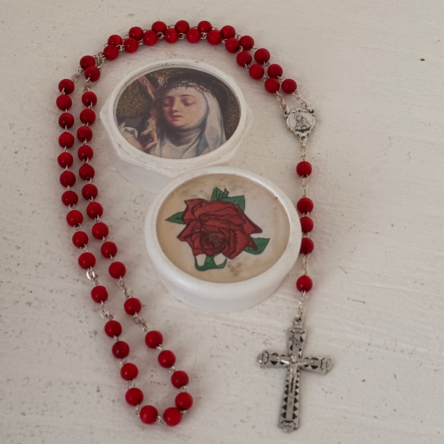 Vintage Red Rosary with Devotional Pouch | Italy Crucifix | Catholic Prayer Beads