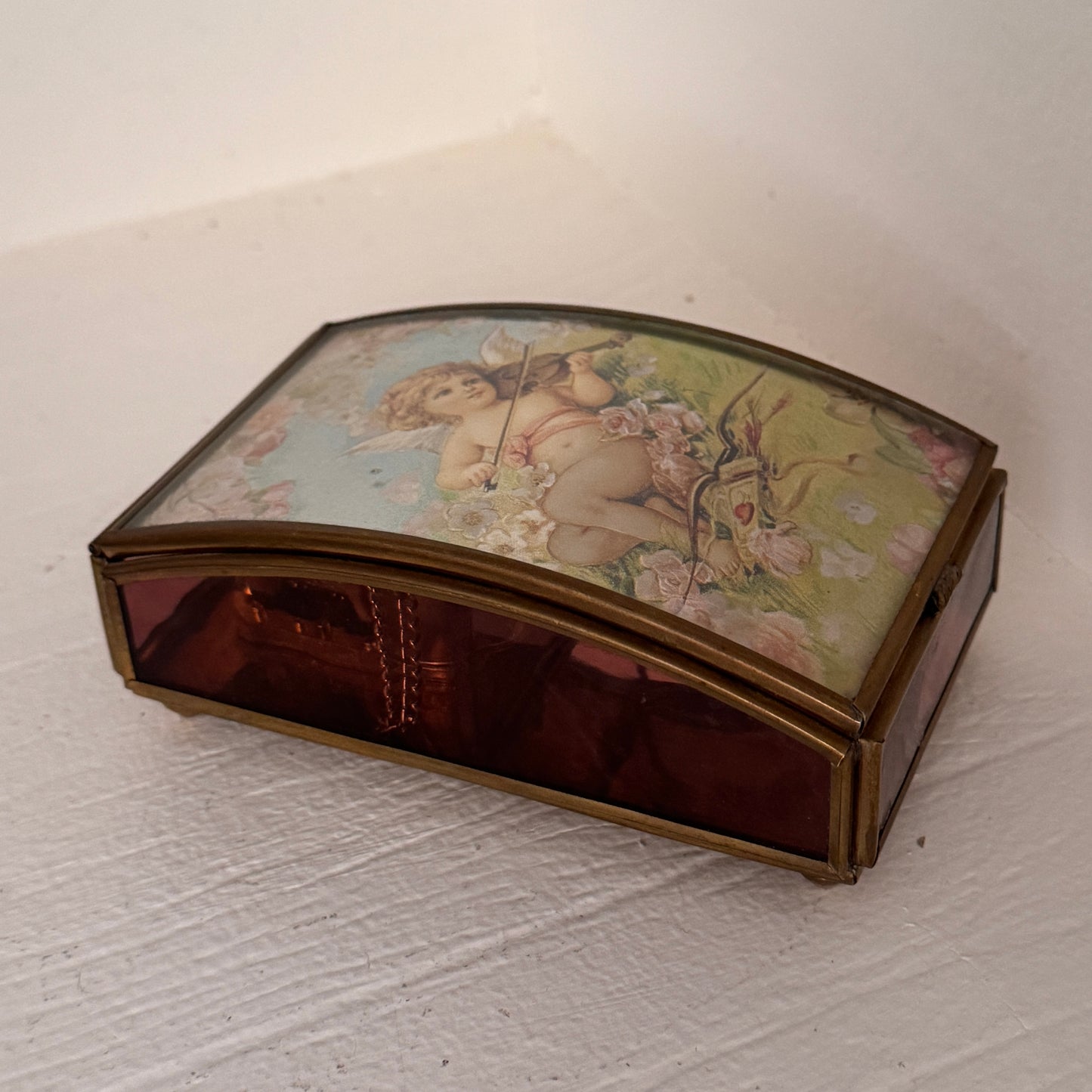 Vintage Angel Music Box with Violin Cherub Lid – Curved Glass & Brass Tone Trinket Box – “Waltz of the Flowers”