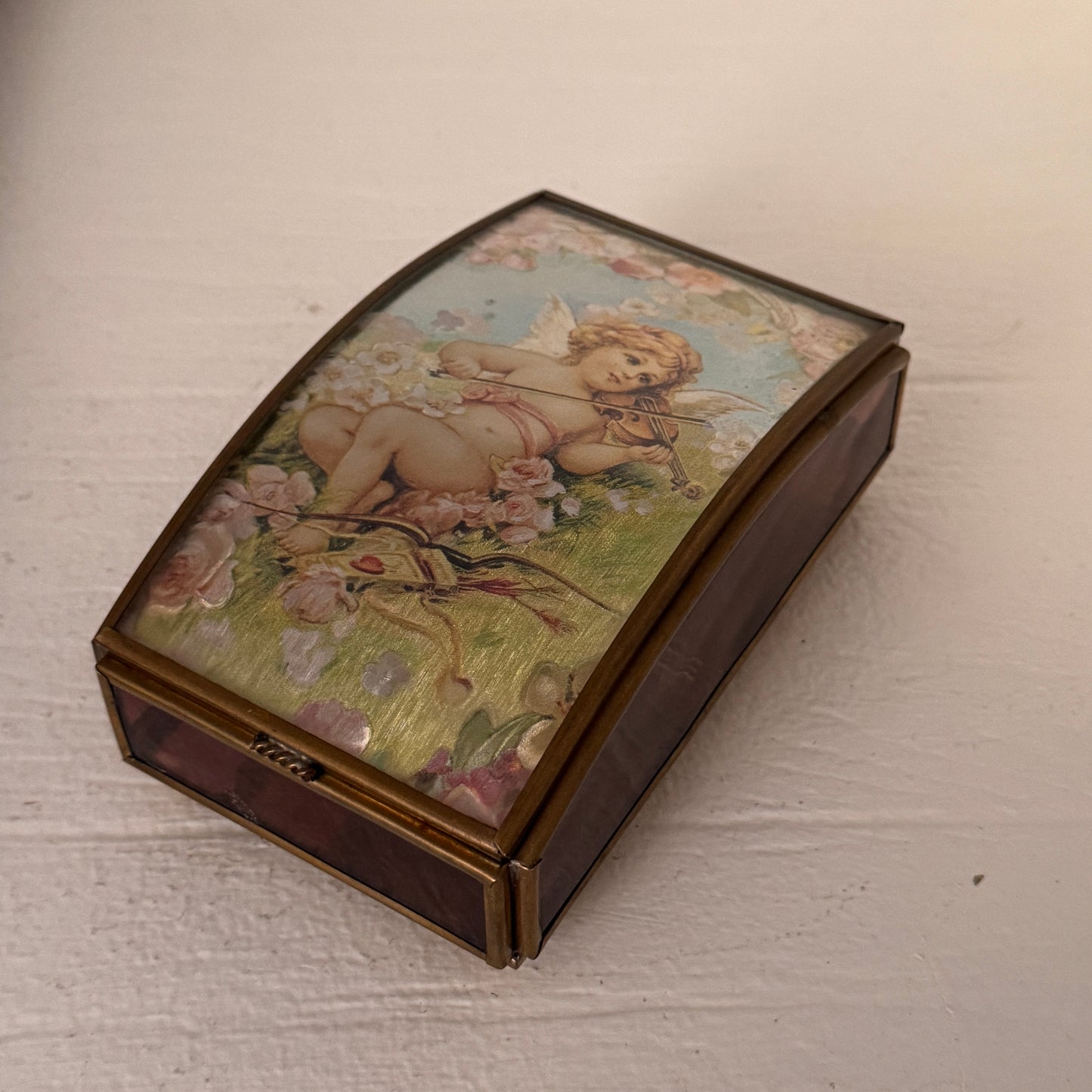 Vintage Angel Music Box with Violin Cherub Lid – Curved Glass & Brass Tone Trinket Box – “Waltz of the Flowers”