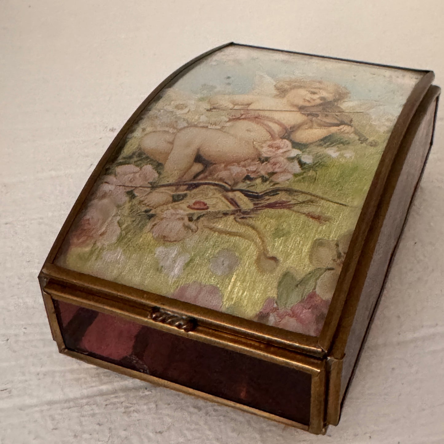 Vintage Angel Music Box with Violin Cherub Lid – Curved Glass & Brass Tone Trinket Box – “Waltz of the Flowers”