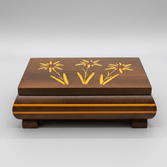 Vintage Reuge Swiss Music Box Edelweiss Wood Inlay Floral Jewelry Box