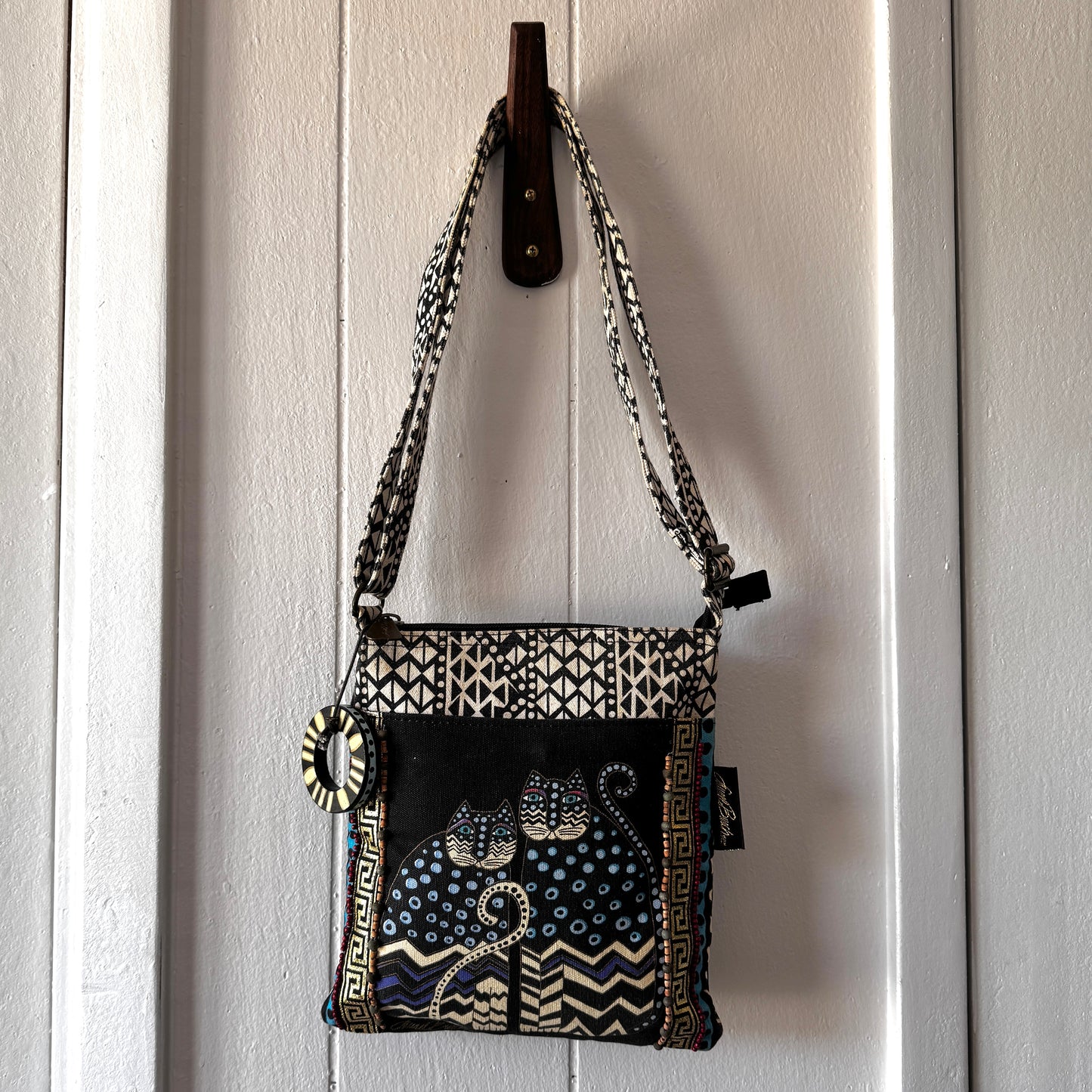 Vintage Laurel Burch Cat Crossbody Bag Boho Art Purse with Beaded Detail