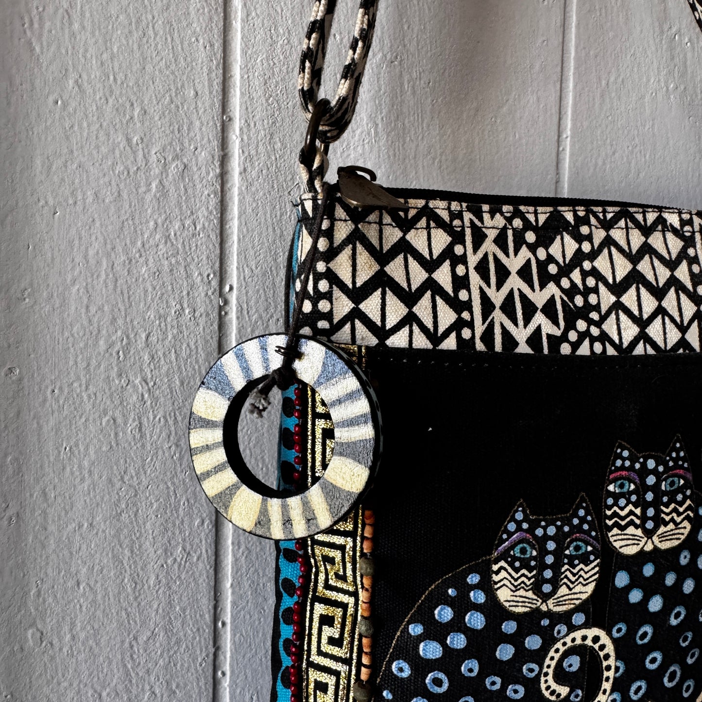 Vintage Laurel Burch Cat Crossbody Bag Boho Art Purse with Beaded Detail