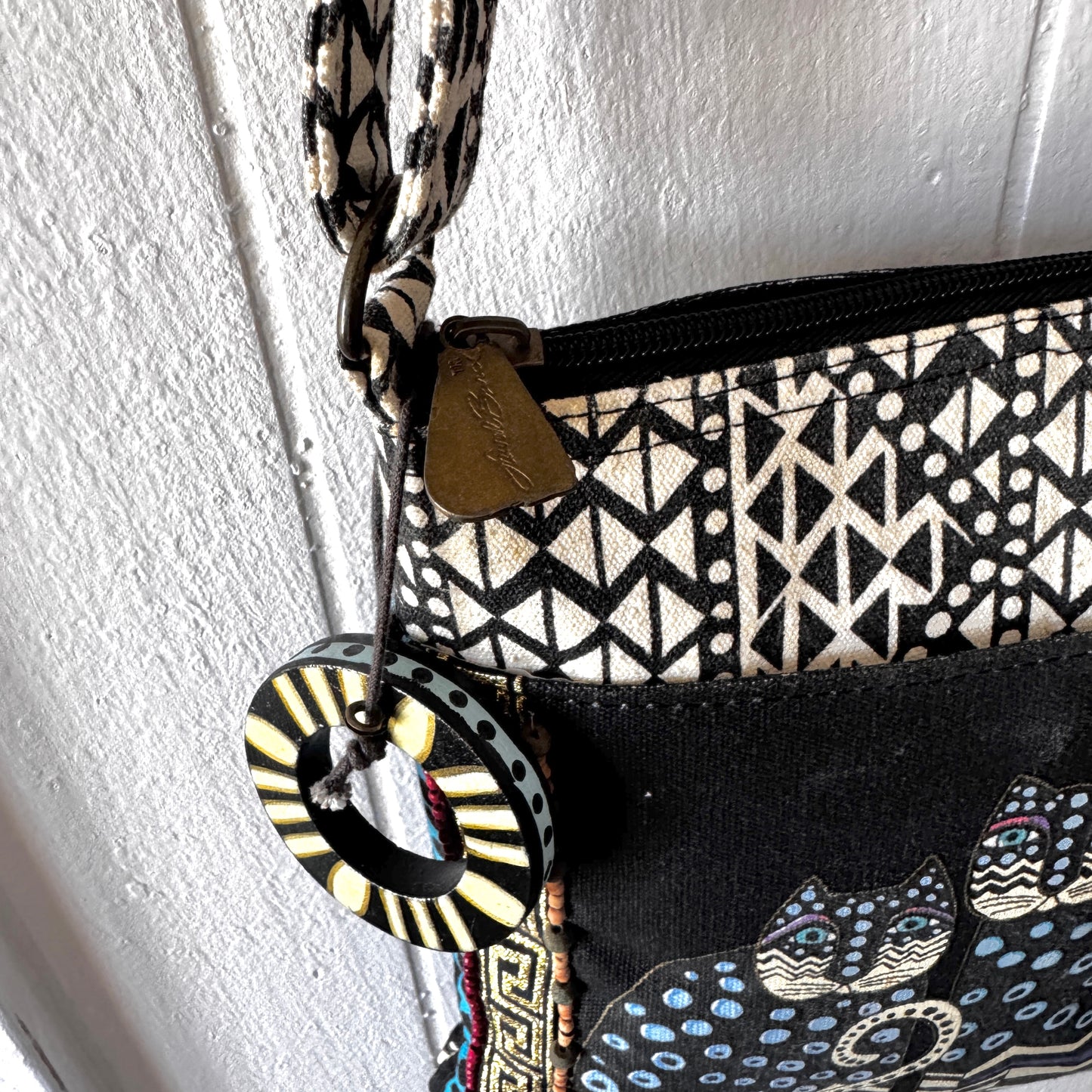 Vintage Laurel Burch Cat Crossbody Bag Boho Art Purse with Beaded Detail