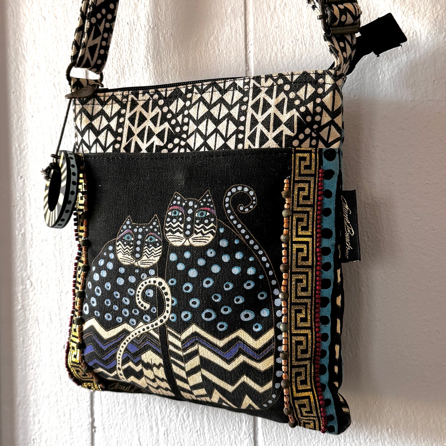 Vintage Laurel Burch Cat Crossbody Bag Boho Art Purse with Beaded Detail