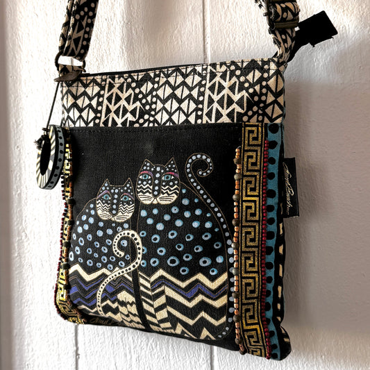 Vintage Laurel Burch Cat Crossbody Bag Boho Art Purse with Beaded Detail
