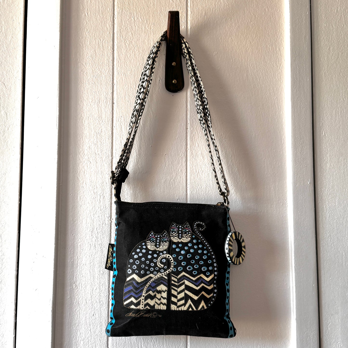 Vintage Laurel Burch Cat Crossbody Bag Boho Art Purse with Beaded Detail