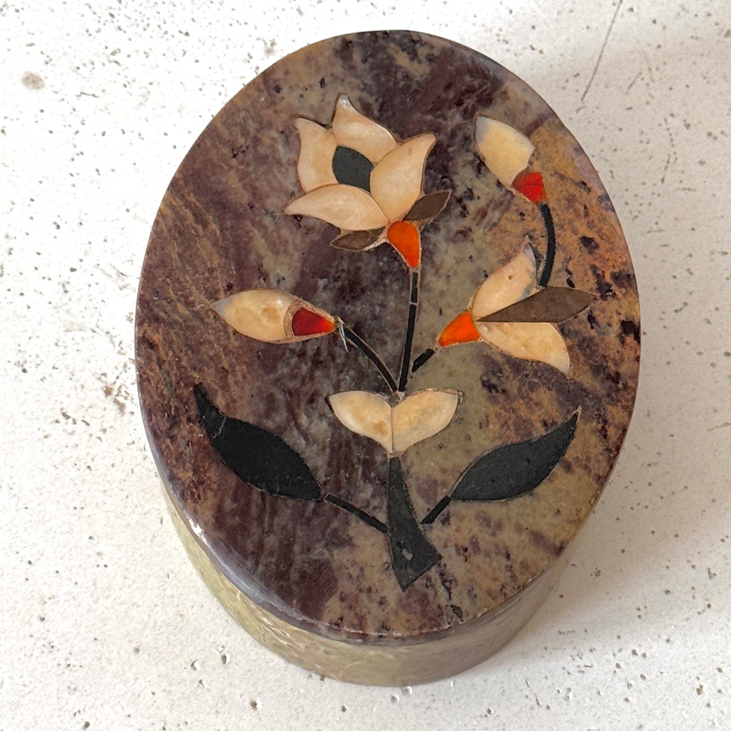 Vintage Soapstone Trinket Box with Floral Stone Inlay Oval Lidded Keepsake Box