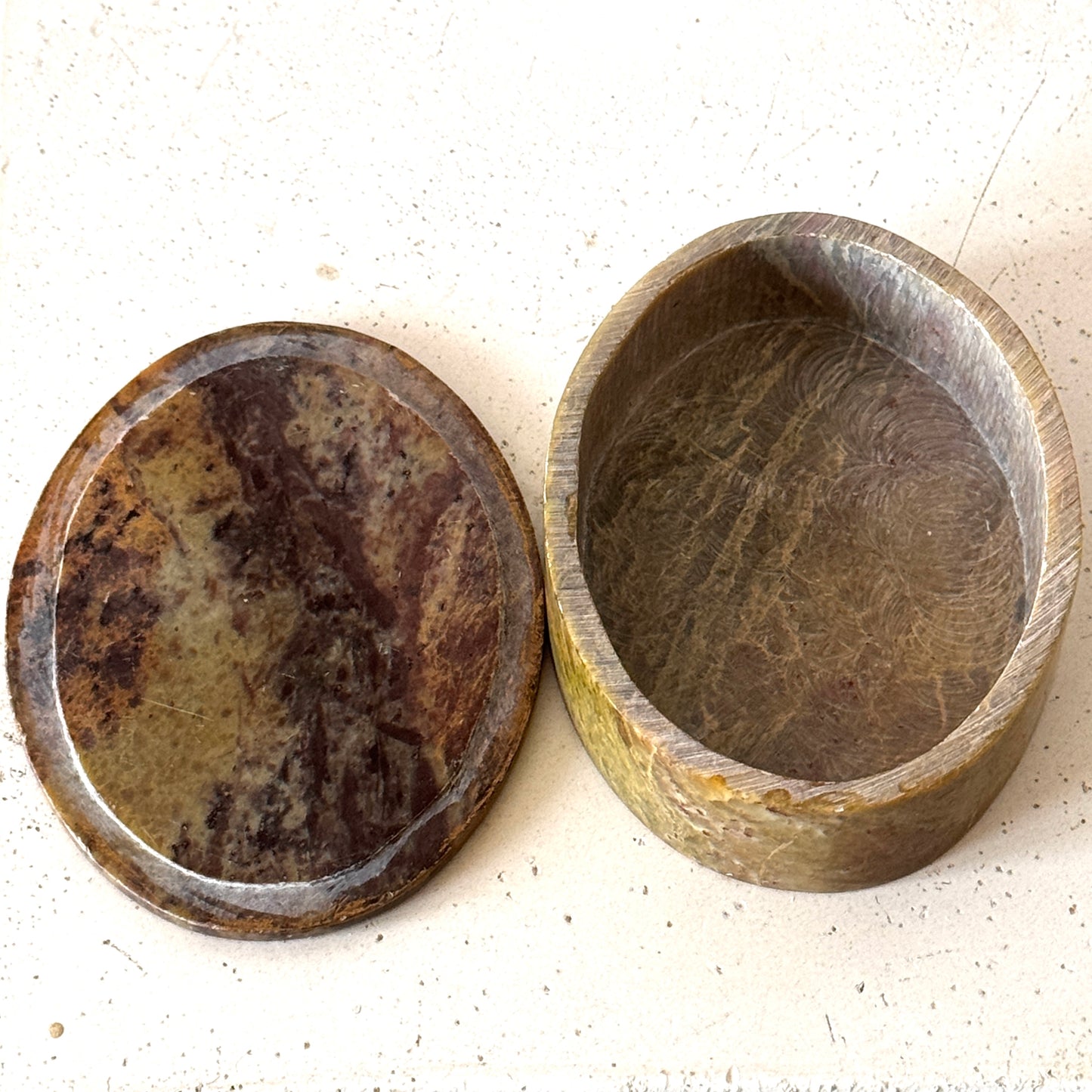 Vintage Soapstone Trinket Box with Floral Stone Inlay Oval Lidded Keepsake Box