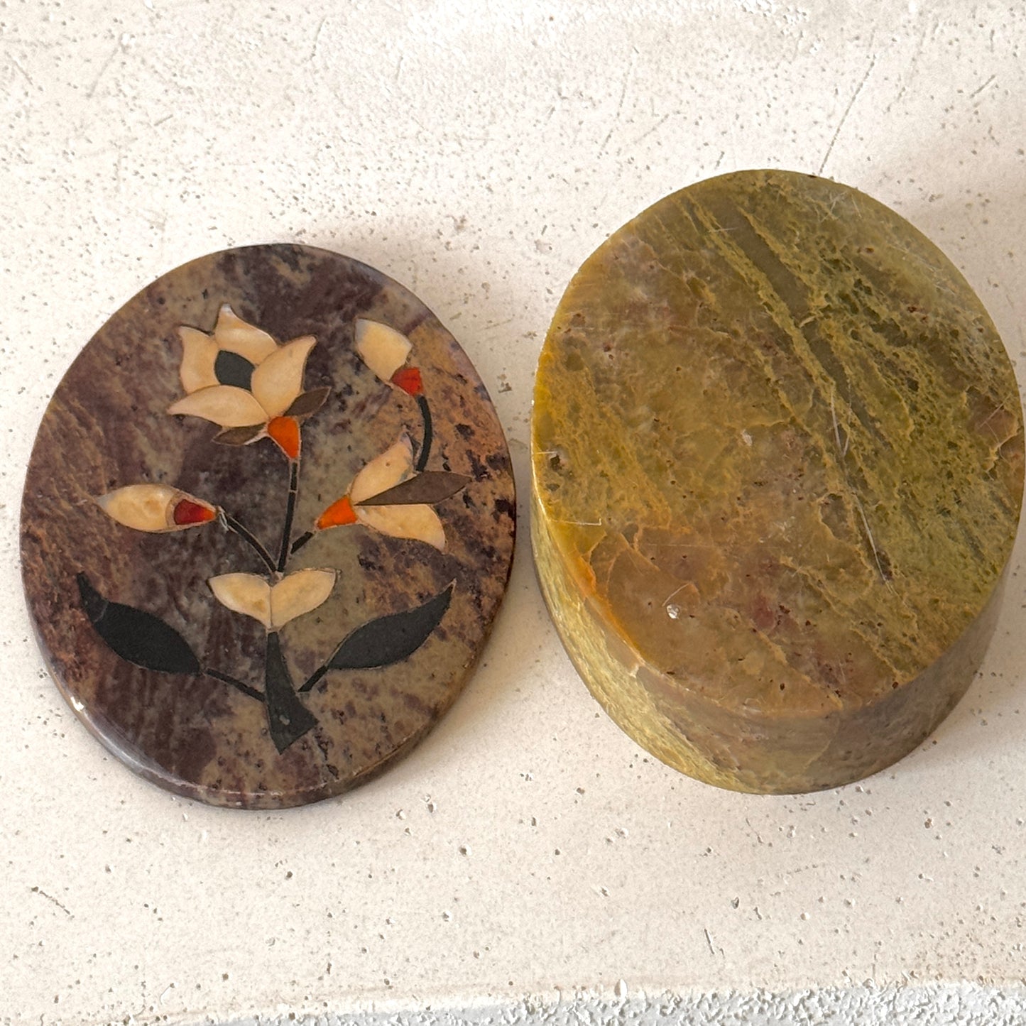 Vintage Soapstone Trinket Box with Floral Stone Inlay Oval Lidded Keepsake Box