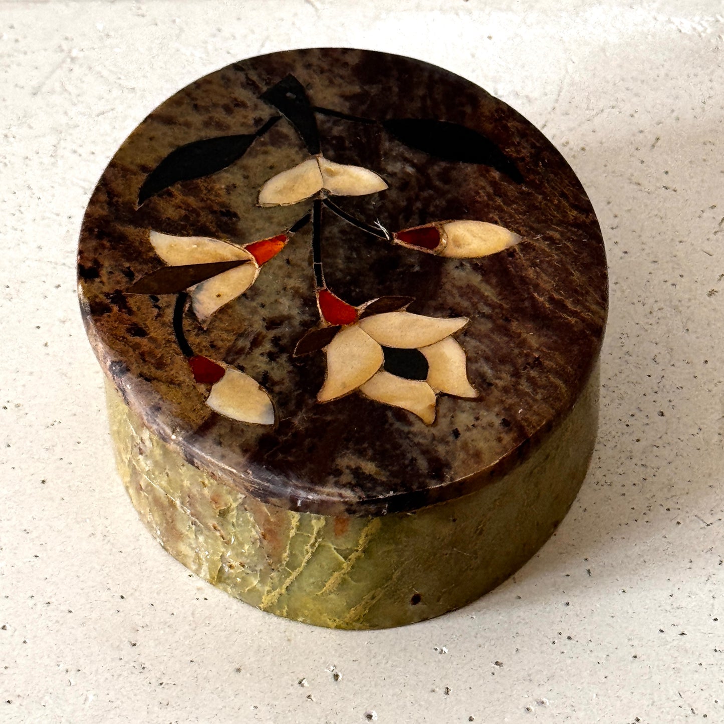Vintage Soapstone Trinket Box with Floral Stone Inlay Oval Lidded Keepsake Box