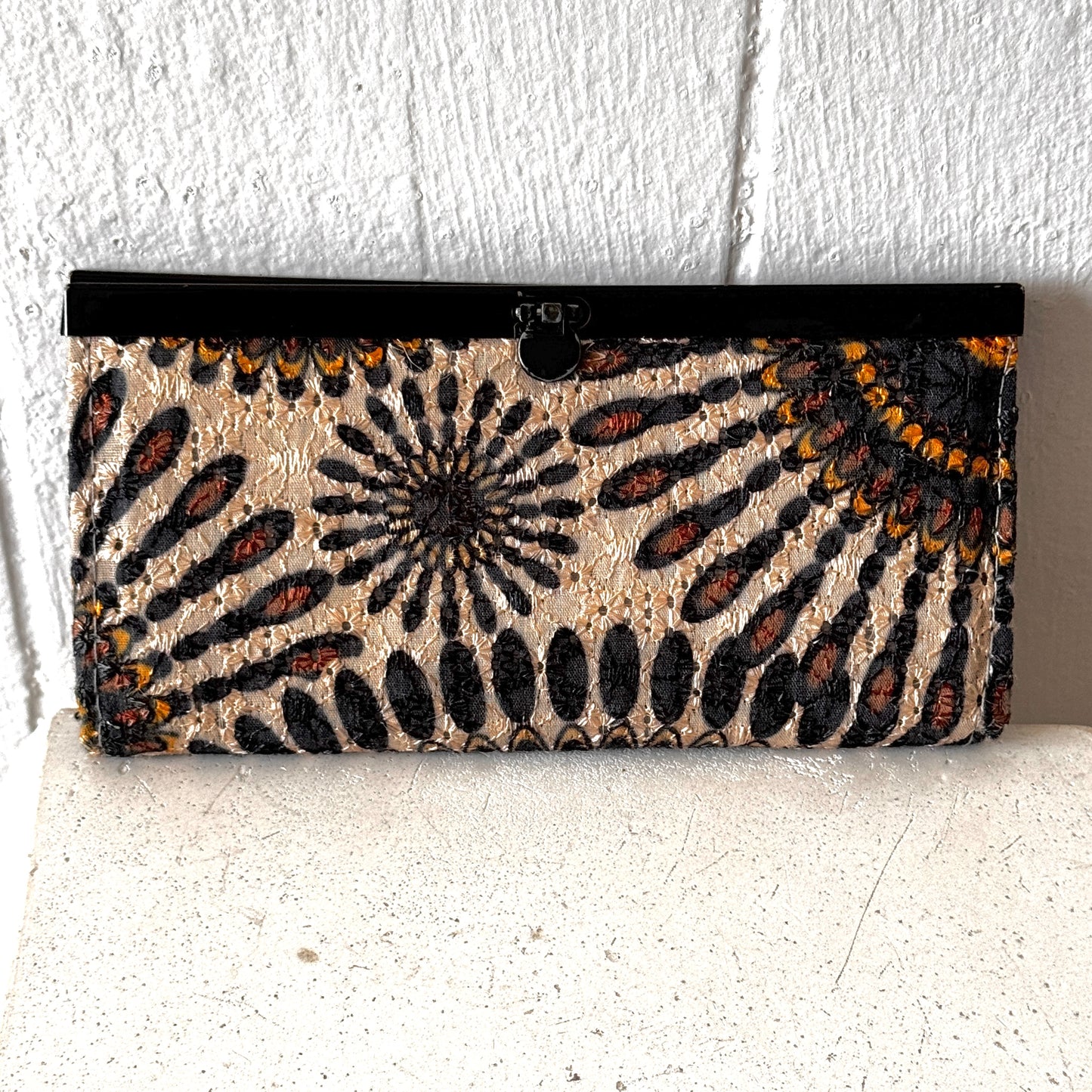 Boho Embroidered Wallet Clutch Black Floral Tapestry Accordion Wallet Purse