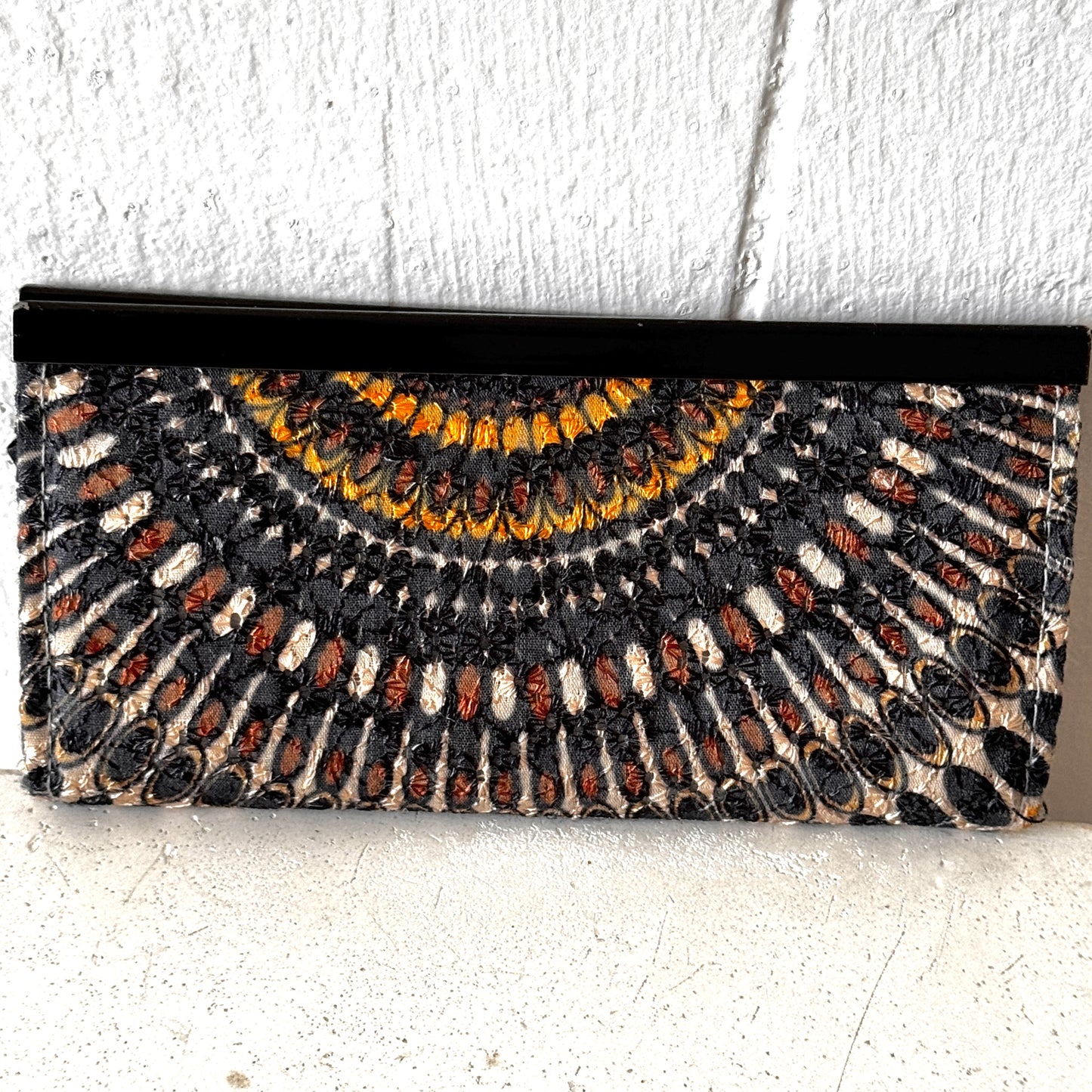 Boho Embroidered Wallet Clutch Black Floral Tapestry Accordion Wallet Purse