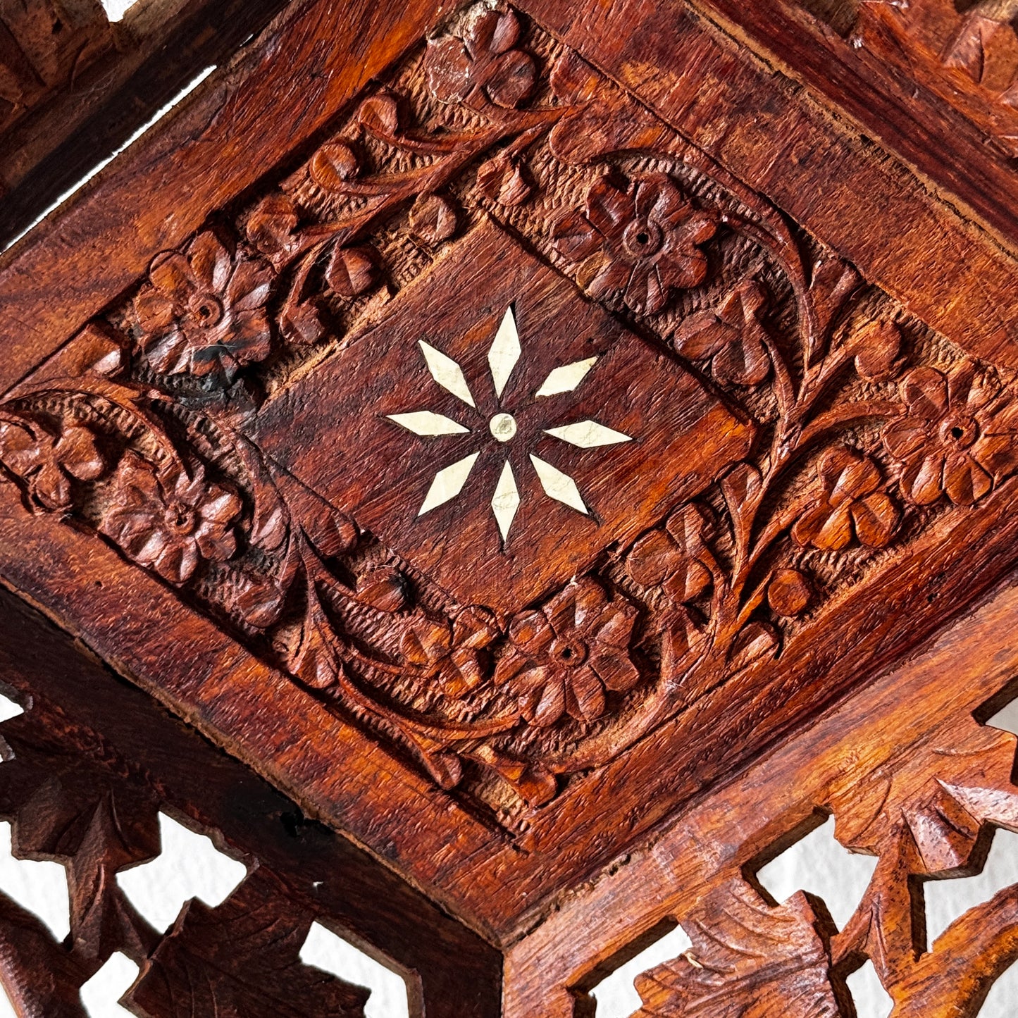 Vintage Hand Carved Indian Wood Tray with Bone Inlay Floral Dish
