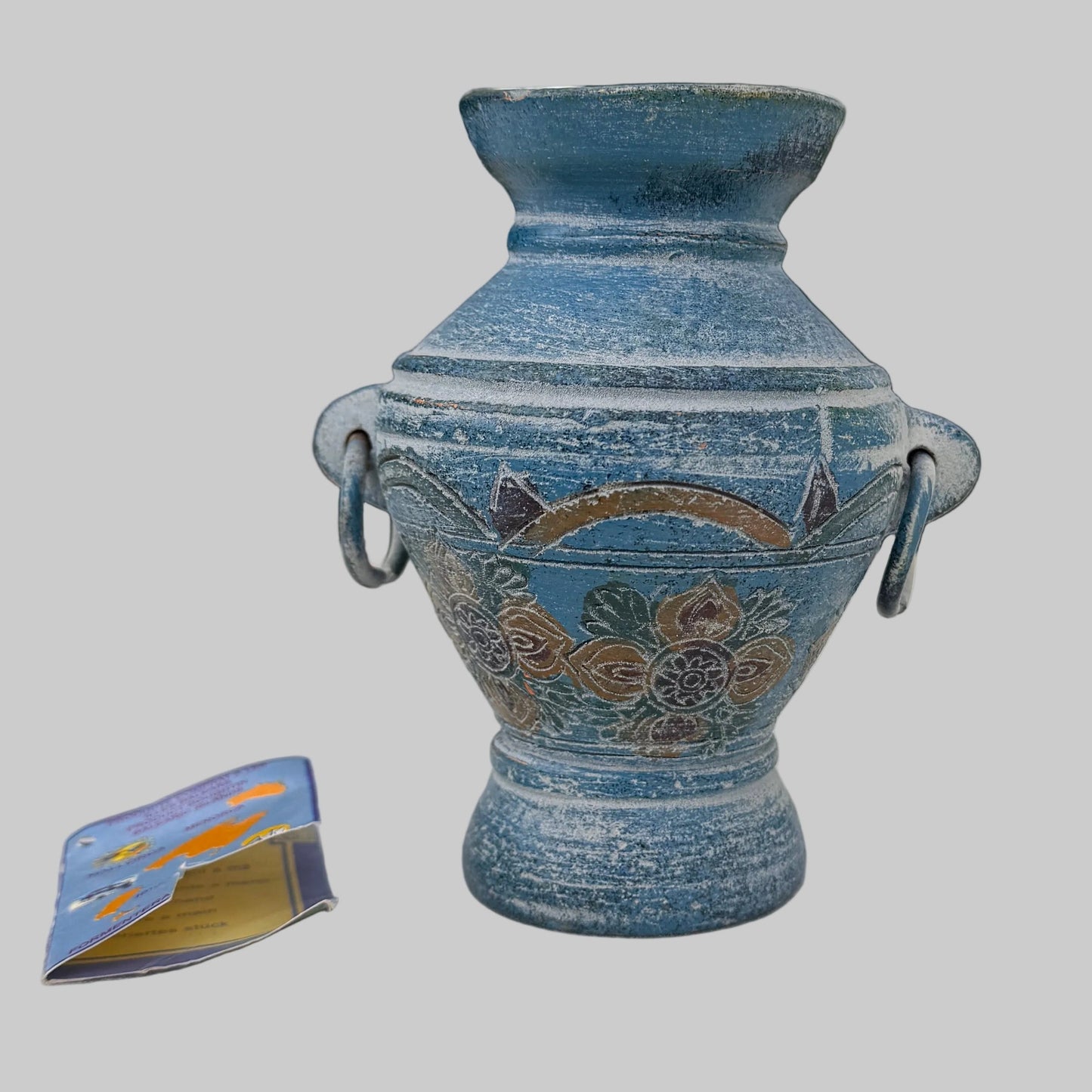 Handmade Blue Pottery Vase With Ring Handles Mediterranean Decor