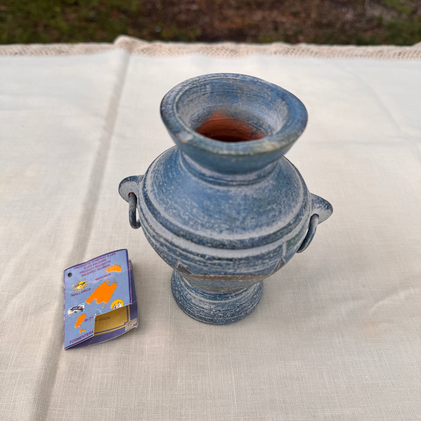 Handmade Blue Pottery Vase With Ring Handles Mediterranean Decor