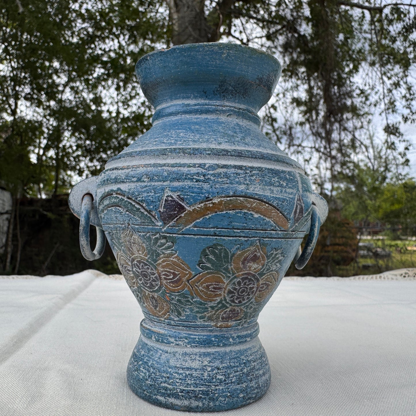Handmade Blue Pottery Vase With Ring Handles Mediterranean Decor