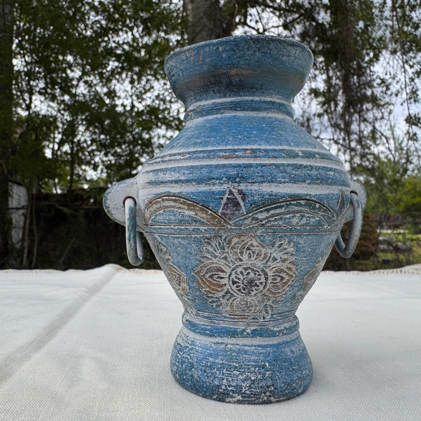 Handmade Blue Pottery Vase With Ring Handles Mediterranean Decor