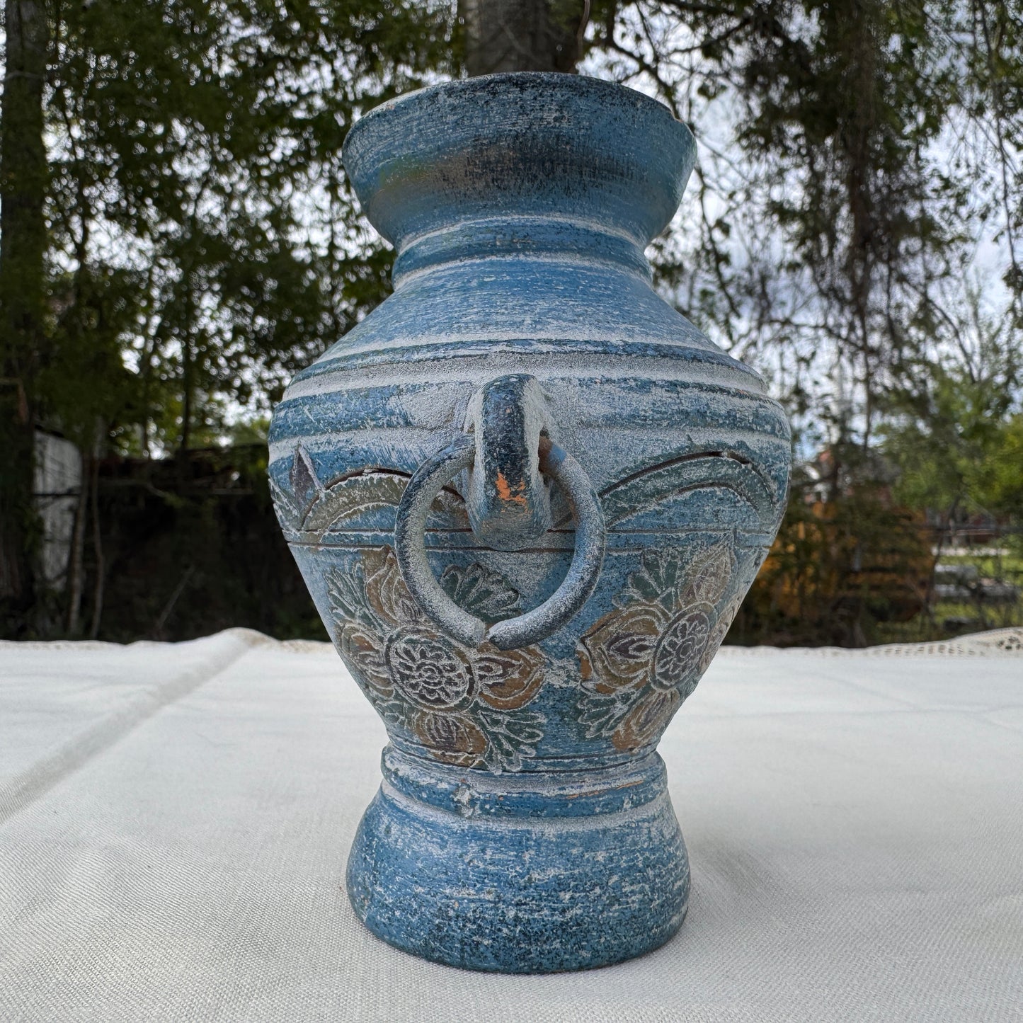 Handmade Blue Pottery Vase With Ring Handles Mediterranean Decor