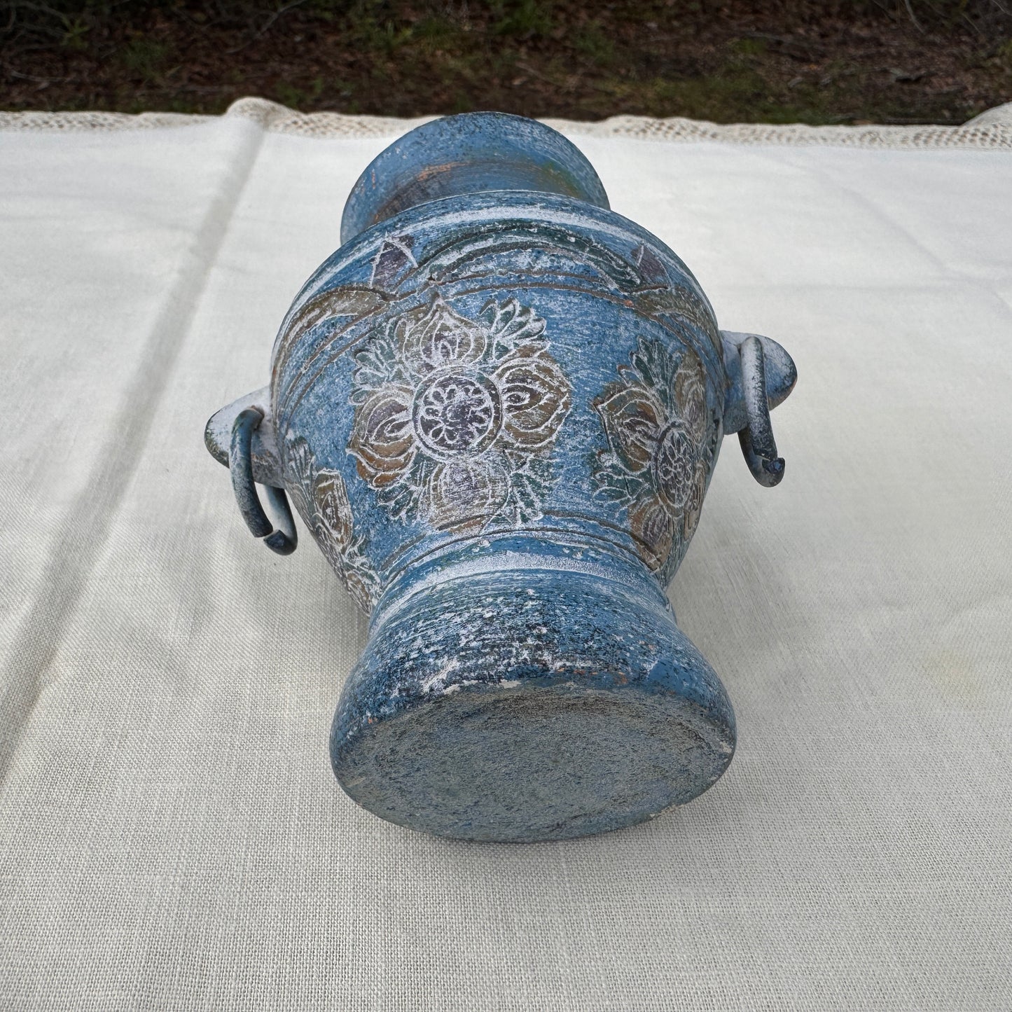 Handmade Blue Pottery Vase With Ring Handles Mediterranean Decor