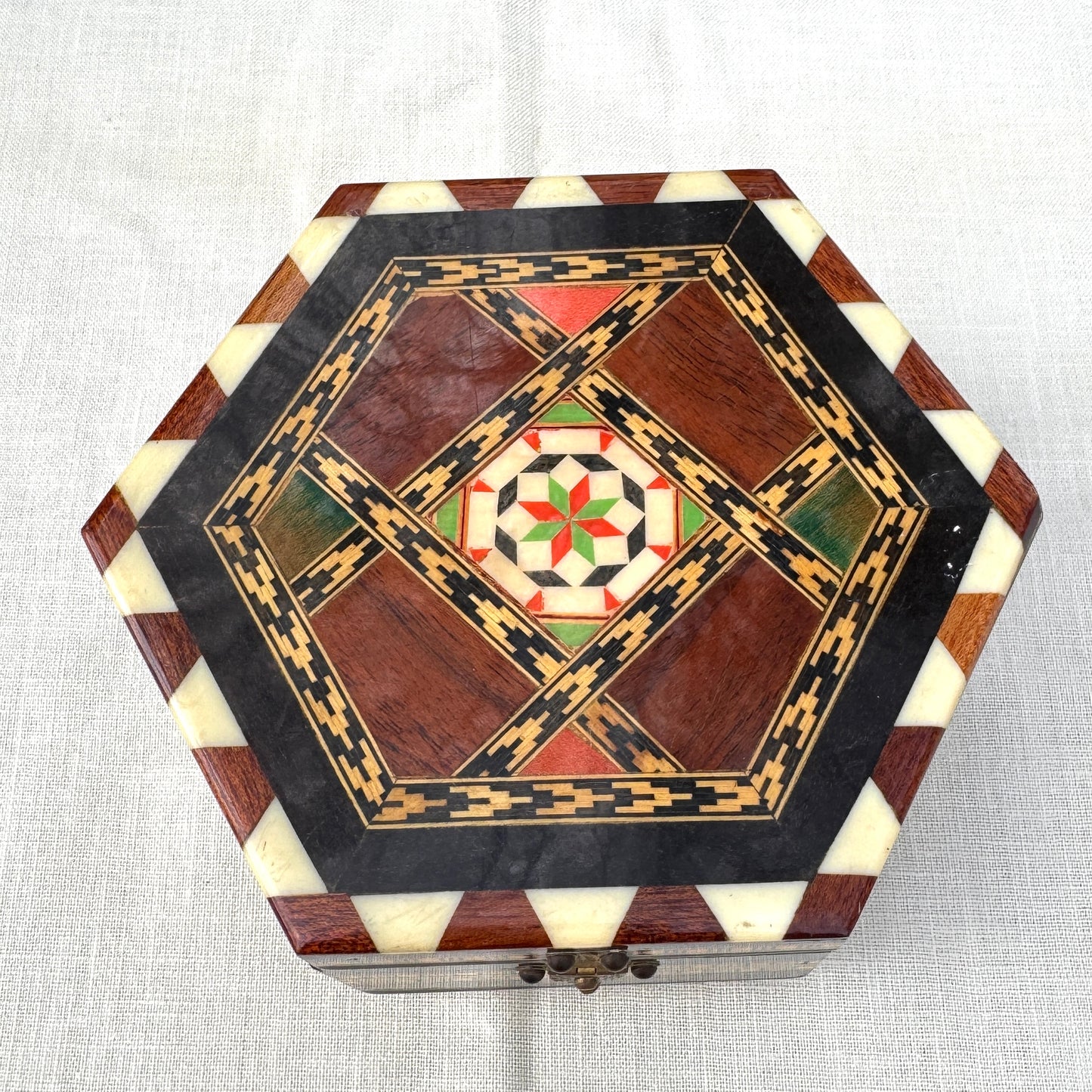Vintage Indian Inlay Musical Jewelry Box Hexagon Wood Trinket Box