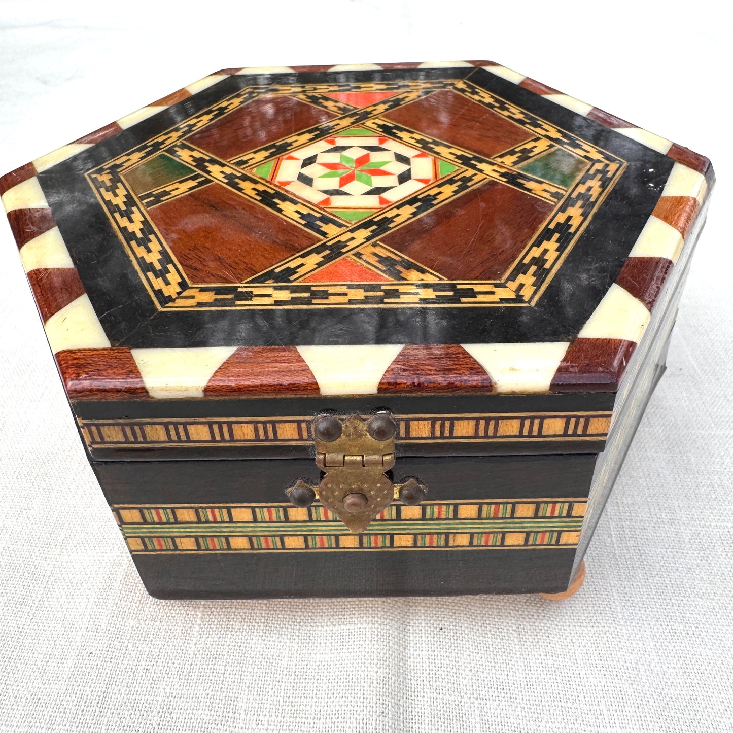 Vintage Indian Inlay Musical Jewelry Box Hexagon Wood Trinket Box