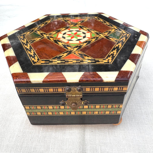 Vintage Indian Inlay Musical Jewelry Box Hexagon Wood Trinket Box
