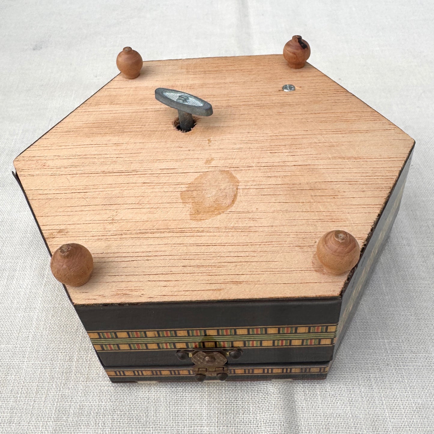 Vintage Indian Inlay Musical Jewelry Box Hexagon Wood Trinket Box