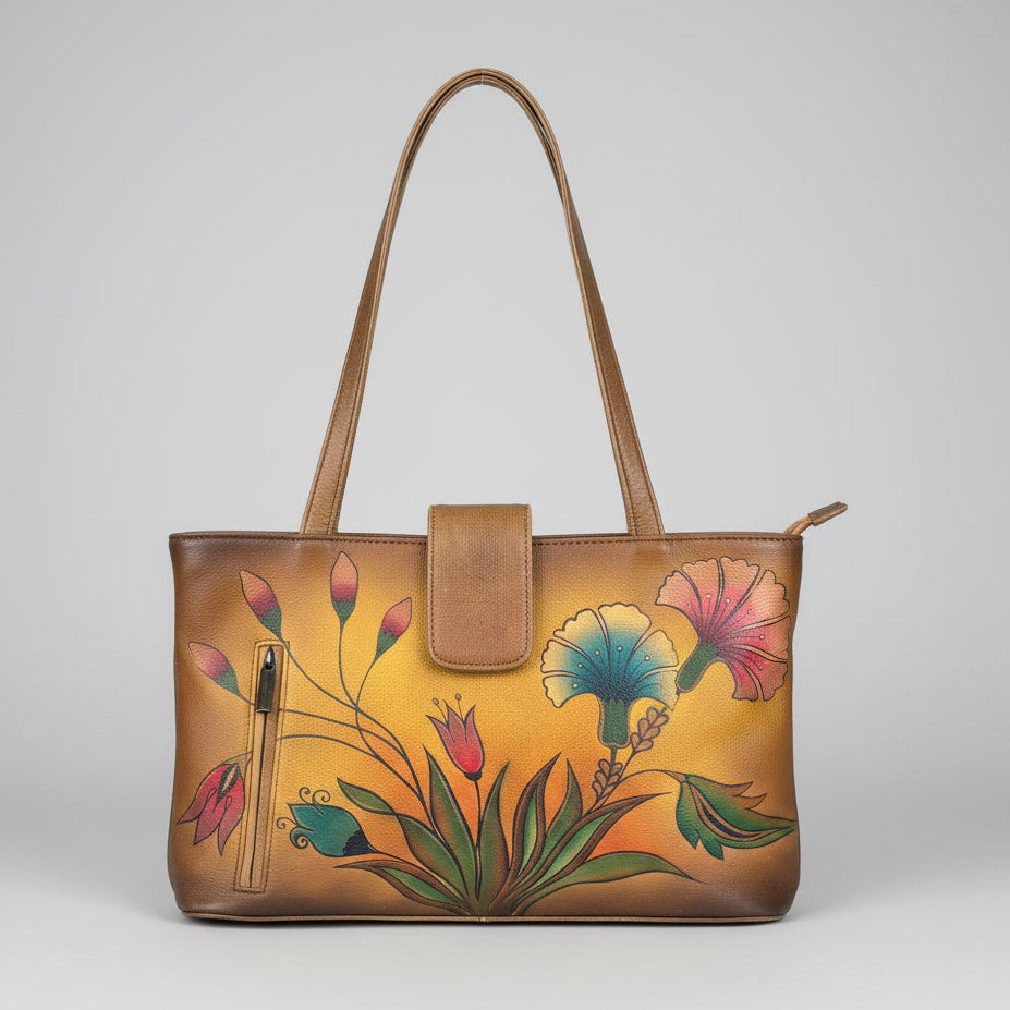 Anuschka Hand Painted Leather Floral Shoulder Bag Gold Brown