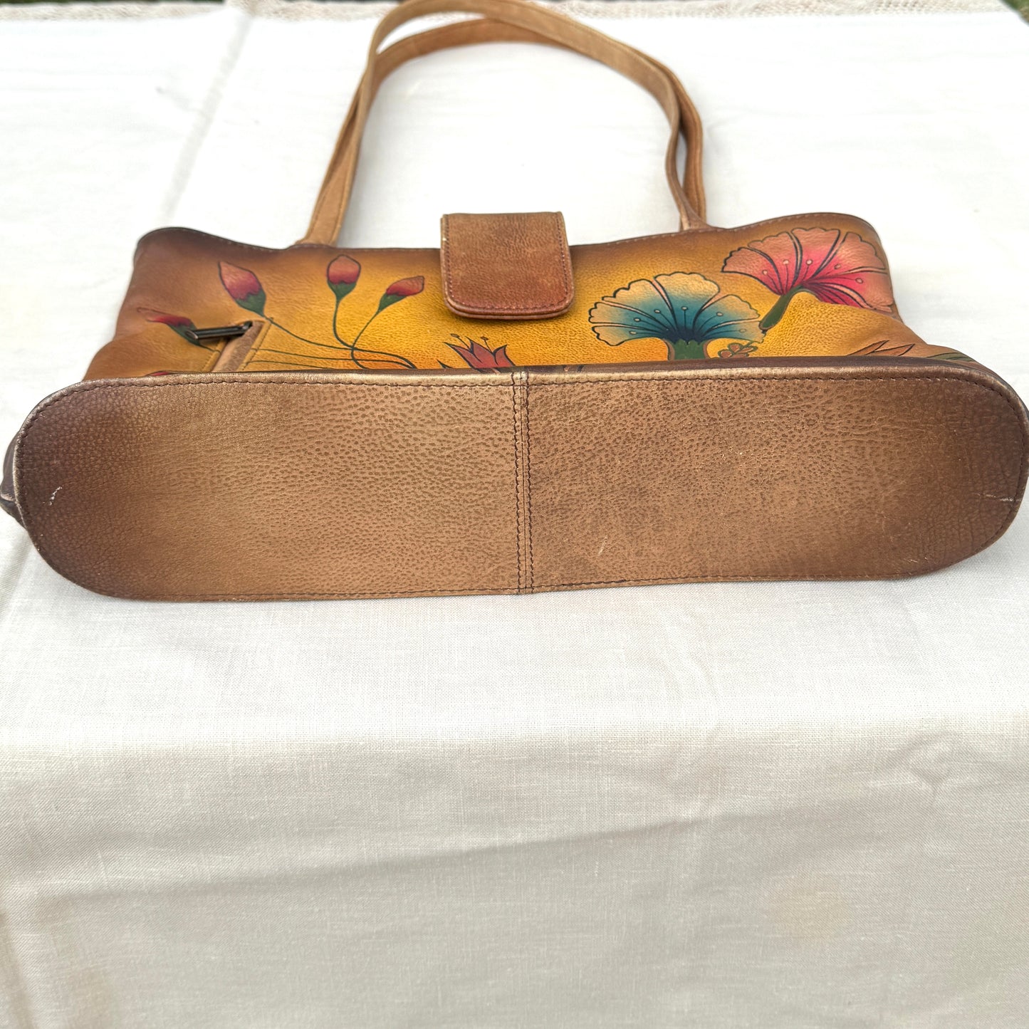 Anuschka Hand Painted Leather Floral Shoulder Bag Gold Brown