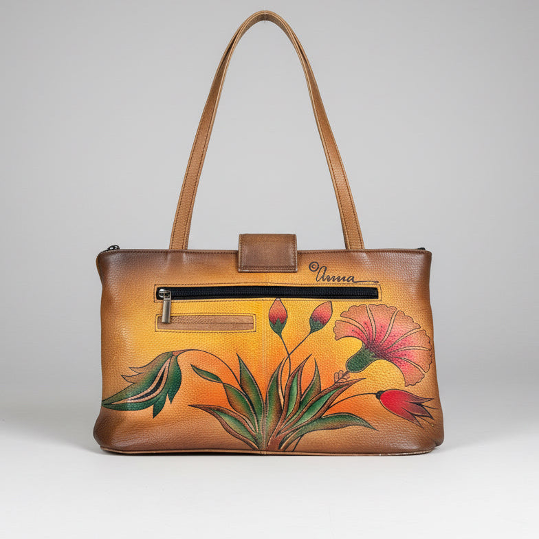 Anuschka Hand Painted Leather Floral Shoulder Bag Gold Brown