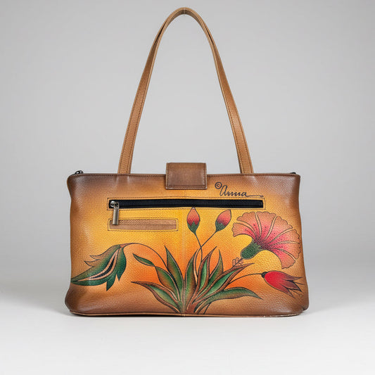 Anuschka Hand Painted Leather Floral Shoulder Bag Gold Brown