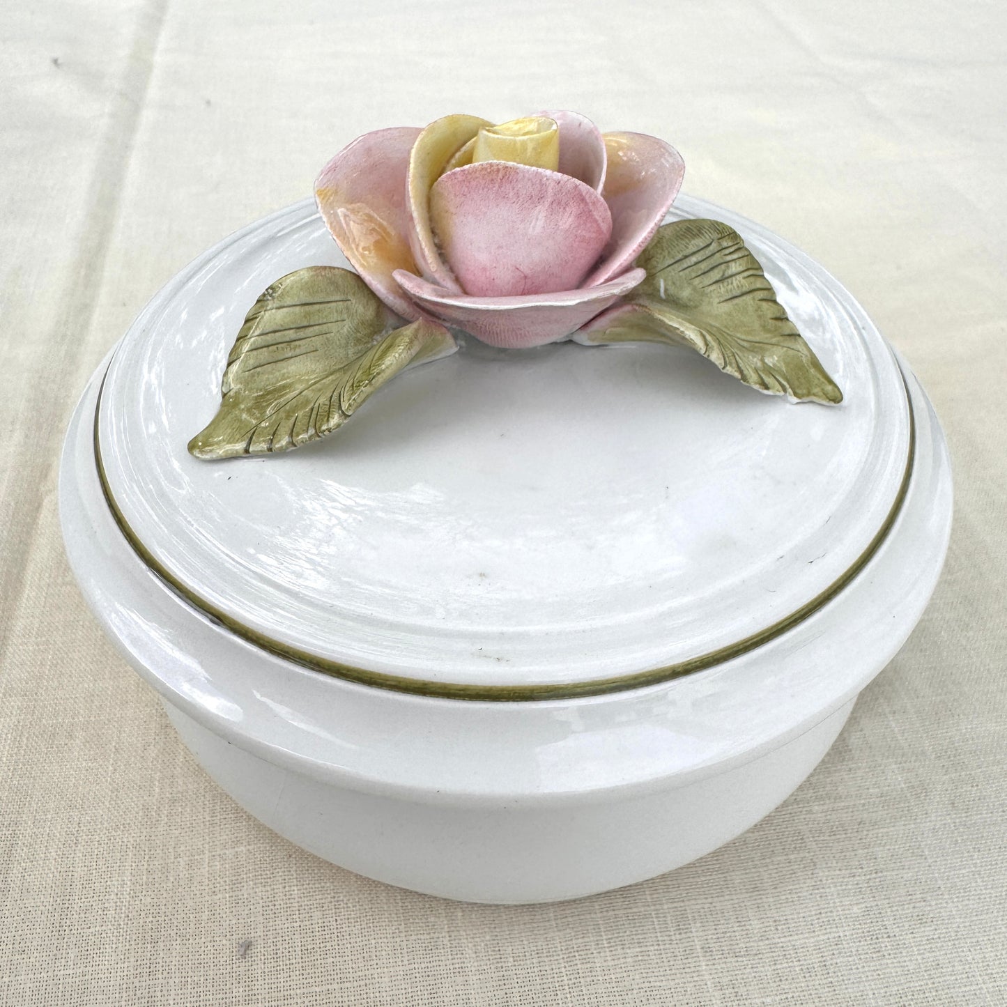 Vintage Italian Porcelain Rose Trinket Dish White Lidded Vanity Box
