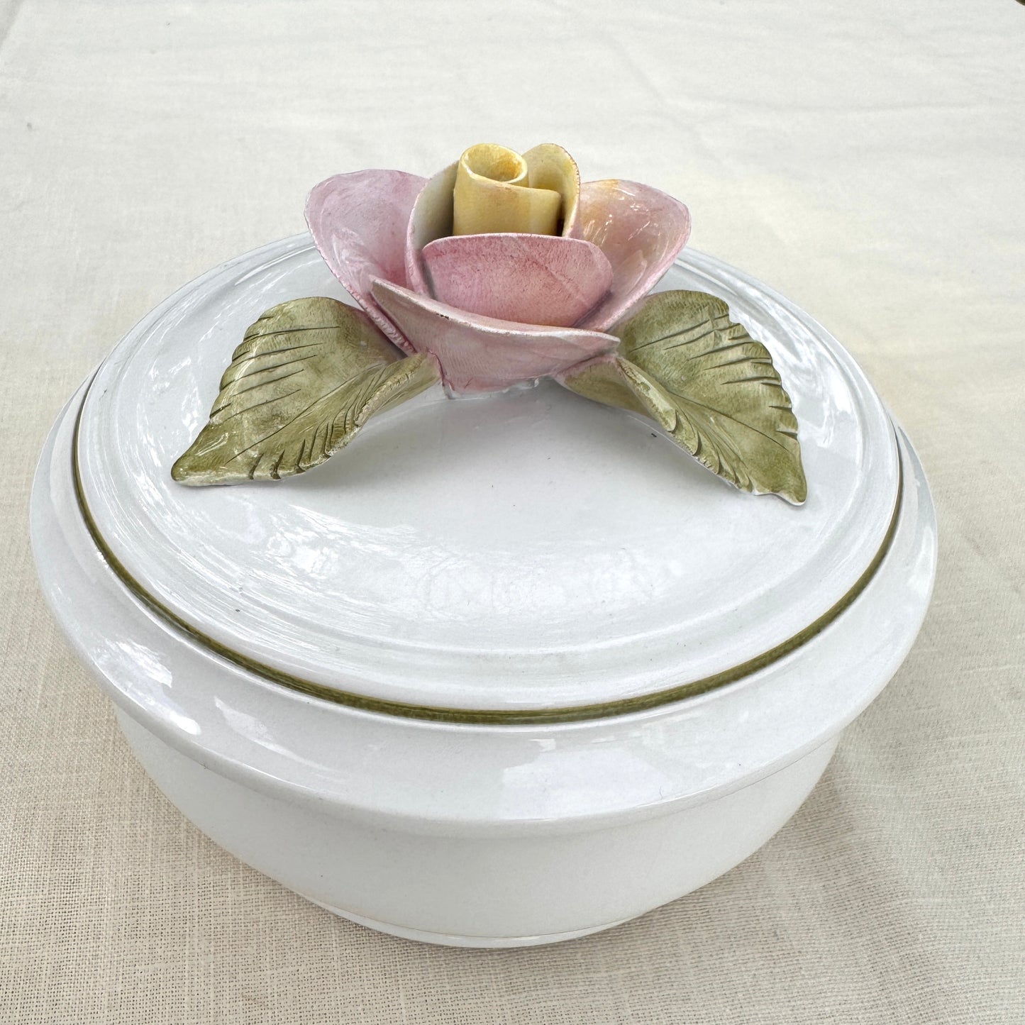 Vintage Italian Porcelain Rose Trinket Dish White Lidded Vanity Box