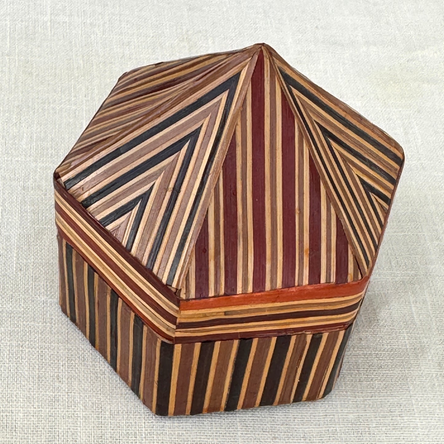 Vintage Hexagon Inlaid Wood Trinket Box Geometric Folk Art Box