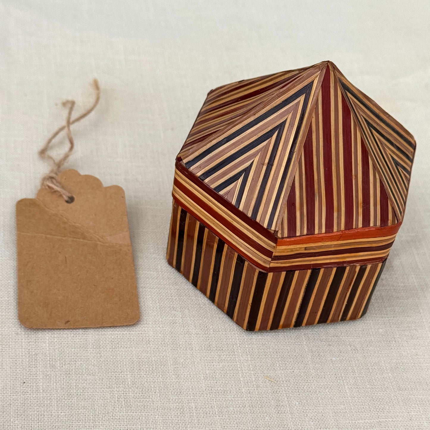 Vintage Hexagon Inlaid Wood Trinket Box Geometric Folk Art Box