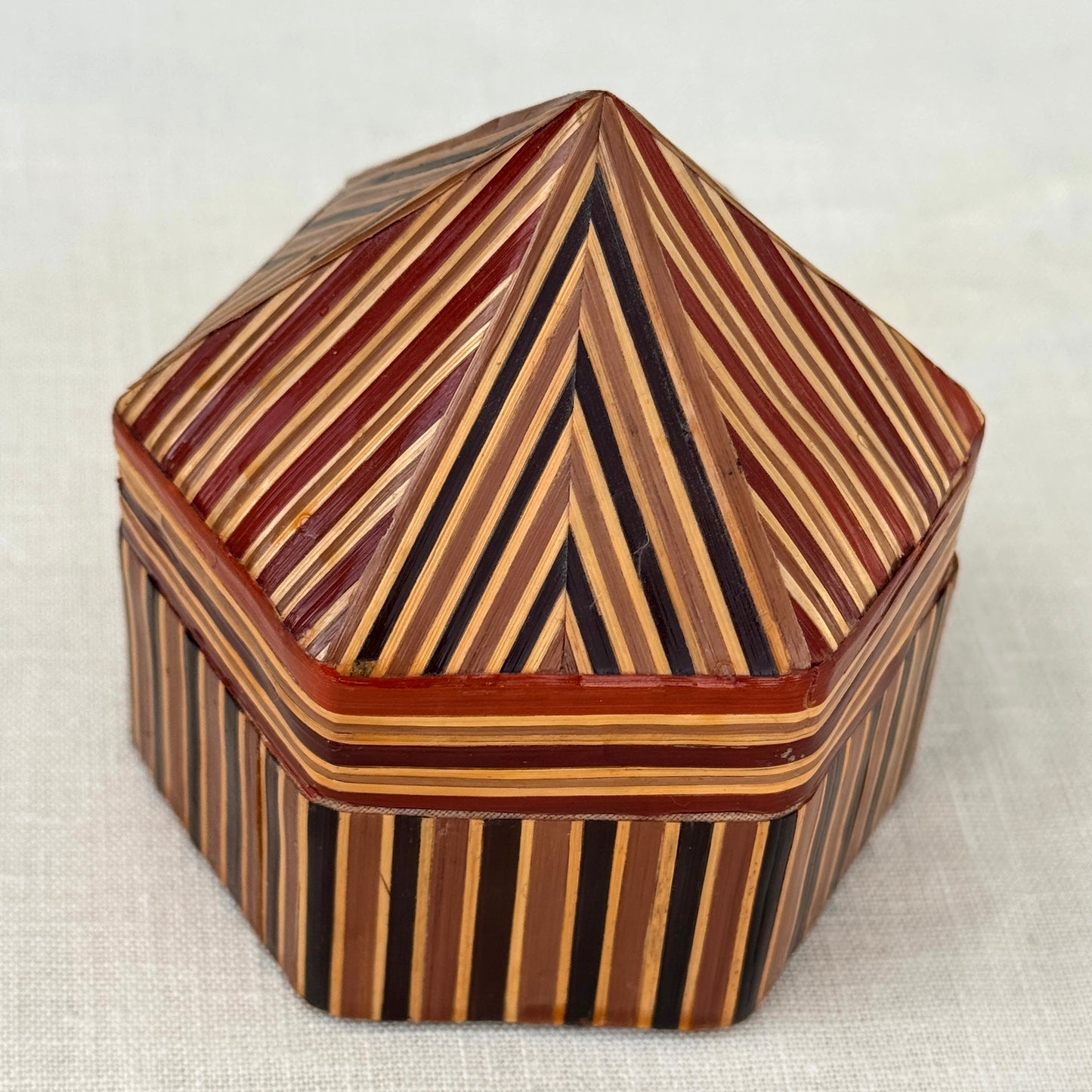 Vintage Hexagon Inlaid Wood Trinket Box Geometric Folk Art Box