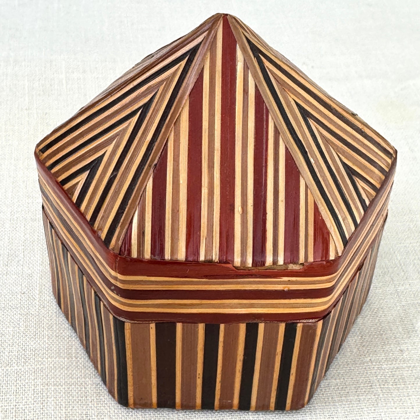 Vintage Hexagon Inlaid Wood Trinket Box Geometric Folk Art Box